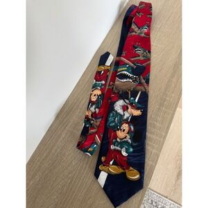 Vintage Disney Mickey Mouse Goofy Aviator Fighter Plane Navy Red Polyester Tie